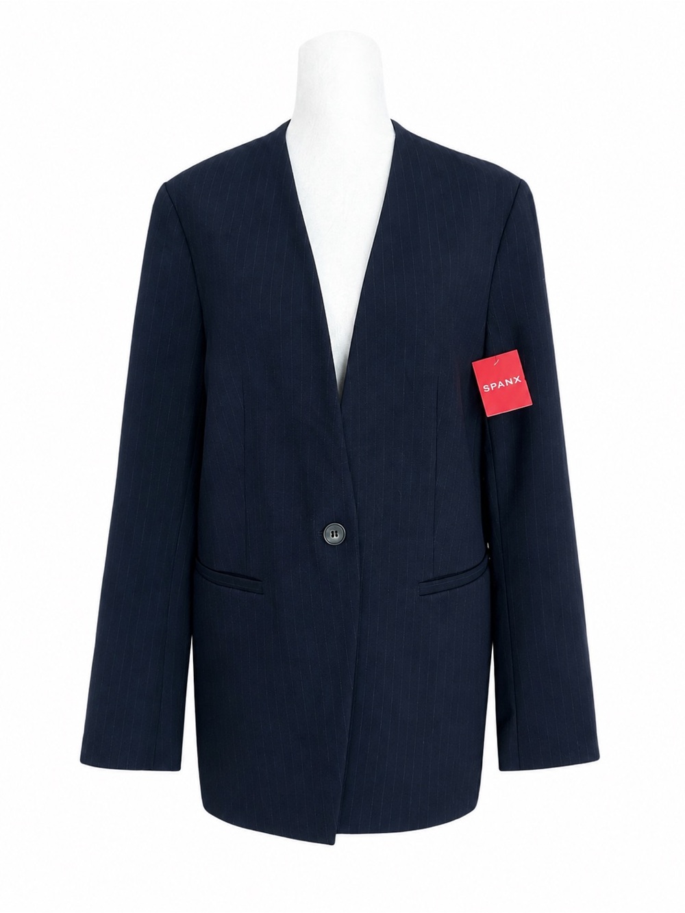 NWT SPANX The Perfect Collarless Blazer Medium Navy Gray Pinstripe Ponte 20384R